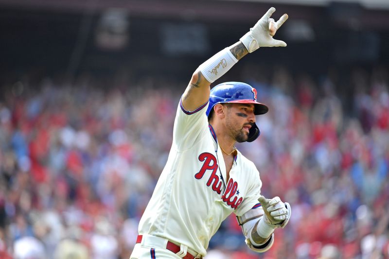 Aug 6, 2023; Philadelphia, Pennsylvania, USA; Philadelphia Phillies right fielder Nick Castellanos (8) watches his two-run home run against the Kansas City Royals during the fifth inning at Citizens Bank Park. Mandatory Credit: Eric Hartline-USA TODAY Sports