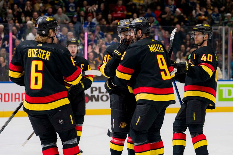 Dec 23, 2023; Vancouver, British Columbia, CAN; Vancouver Canucks forward Brock Boeser (6) and defenseman Quinn Hughes (43) and forward Andrei Kuzmenko (96) and forward J.T. Miller (9) and forward Elias Pettersson (40) celebrate Kuzmenko   s second goal of the game against the San Jose Sharks in the first period at Rogers Arena. Mandatory Credit: Bob Frid-USA TODAY Sports