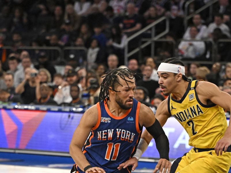 NEW YORK, NY - FEBRUARY 10: Jalen Brunson #11 of the New York Knicks dribbles the ball during the game against the Indiana Pacers on February 10, 2024 at Madison Square Garden in New York City, New York.  NOTE TO USER: User expressly acknowledges and agrees that, by downloading and or using this photograph, User is consenting to the terms and conditions of the Getty Images License Agreement. Mandatory Copyright Notice: Copyright 2024 NBAE  (Photo by David Dow/NBAE via Getty Images)