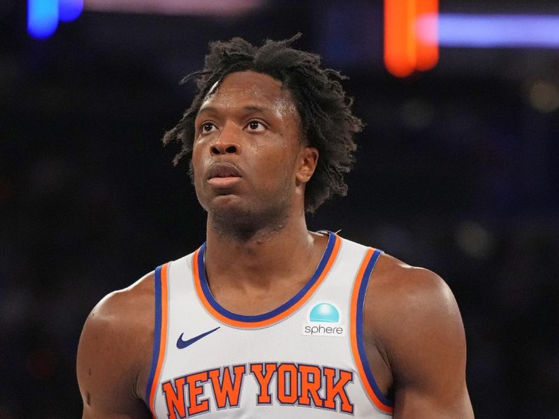 NEW YORK, NY - JANUARY 9: OG Anunoby #8 of the New York Knicks prepares to shoot a free throw during the game against the Portland Trail Blazers on January 9, 2024 at Madison Square Garden in New York City, New York.  NOTE TO USER: User expressly acknowledges and agrees that, by downloading and or using this photograph, User is consenting to the terms and conditions of the Getty Images License Agreement. Mandatory Copyright Notice: Copyright 2024 NBAE  (Photo by Jesse D. Garrabrant/NBAE via Getty Images)