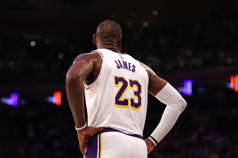 NEW YORK, NEW YORK - FEBRUARY 03:  LeBron James #23 of the Los Angeles Lakers looks on against the New York Knicks during their game at Madison Square Garden on February 03, 2024 in New York City.   User expressly acknowledges and agrees that, by downloading and or using this photograph, User is consenting to the terms and conditions of the Getty Images License Agreement.  (Photo by Al Bello/Getty Images)