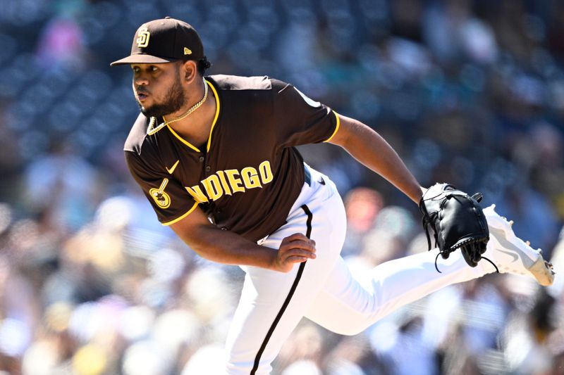 Mar 26, 2024; San Diego, California, USA; San Diego Padres relief pitcher Randy Vasquez (98) throws a pitch against the Seattle Mariners during the seventh inning at Petco Park. Mandatory Credit: Orlando Ramirez-USA TODAY Sports