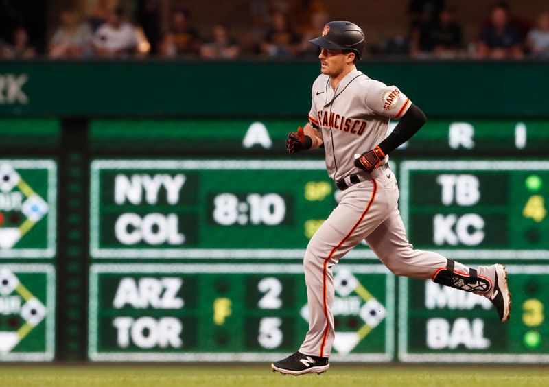 Jul 15, 2023; Pittsburgh, Pennsylvania, USA;  San Francisco Giants center fielder Mike Yastrzemski (5) circles the base on a solo home run against the Pittsburgh Pirates during the second inning at PNC Park. Mandatory Credit: Charles LeClaire-USA TODAY Sports