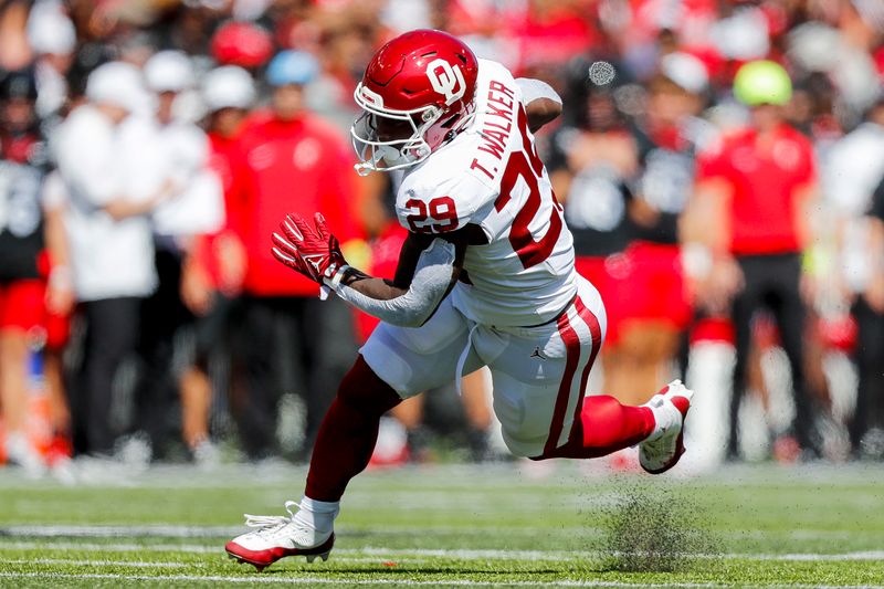 Sep 23, 2023; Cincinnati, Ohio, USA; Oklahoma Sooners running back Tawee Walker (29) runs with the ball against the Cincinnati Bearcats in the first half at Nippert Stadium. Mandatory Credit: Katie Stratman-USA TODAY Sports