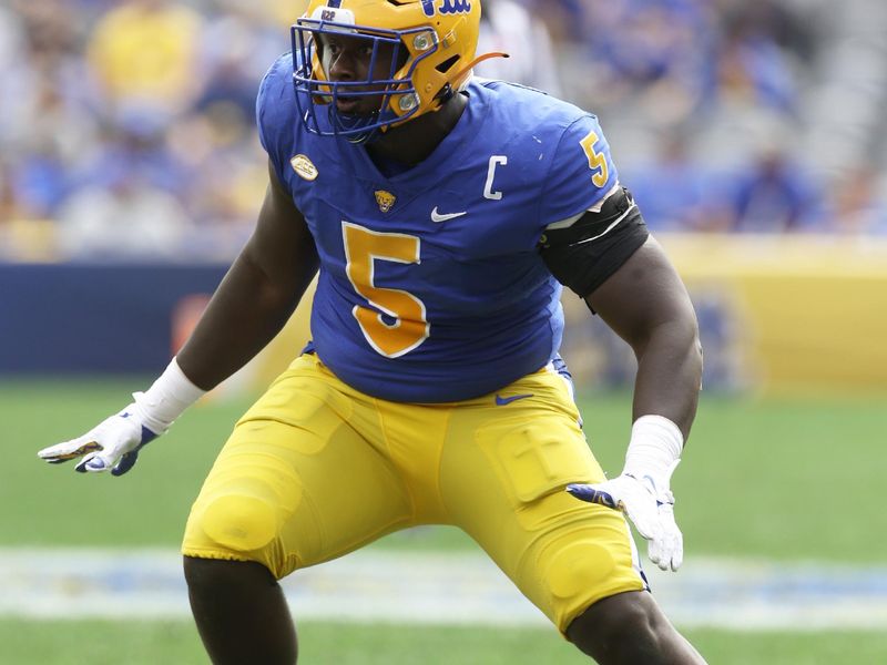 Sep 25, 2021; Pittsburgh, Pennsylvania, USA;  Pittsburgh Panthers defensive lineman Deslin Alexandre (5) in pass coverage against the New Hampshire Wildcats during the first quarter at Heinz Field. Mandatory Credit: Charles LeClaire-USA TODAY Sports