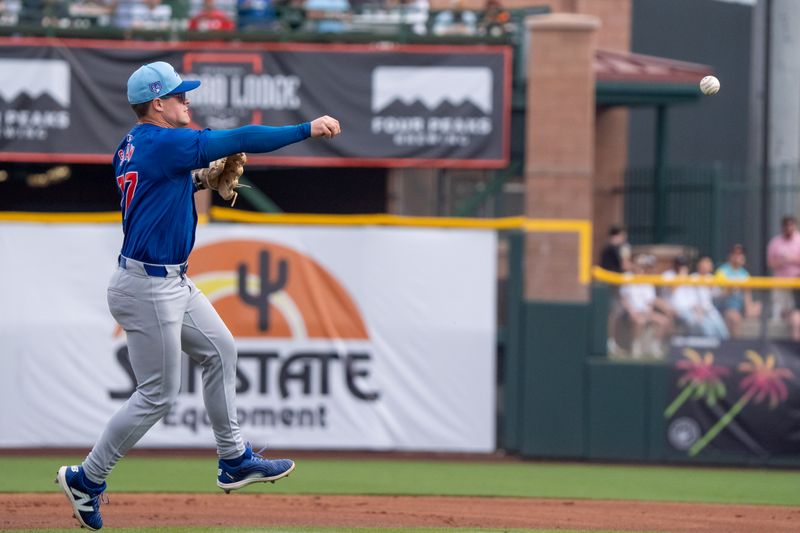 Feb 24, 2024; Scottsdale, Arizona, USA; Chicago Cubs infielder Matt Shaw (77) throws to first base in the first inning during a spring training game against the San Francisco Giants at Scottsdale Stadium. Mandatory Credit: Allan Henry-USA TODAY Sports