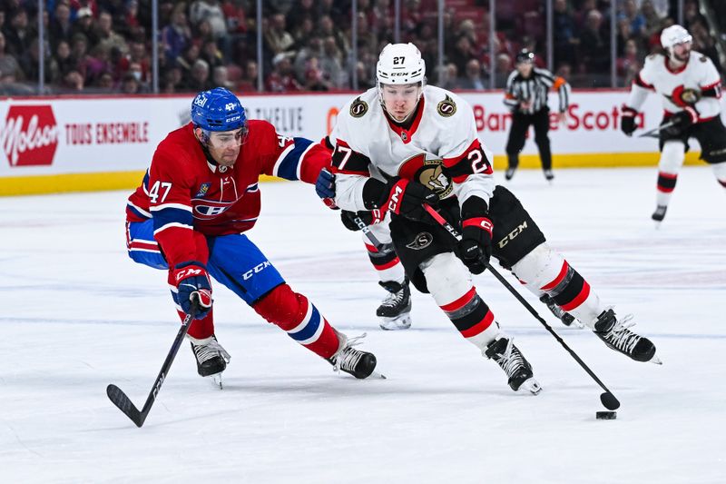 Jan 23, 2024; Montreal, Quebec, CAN; Ottawa Senators left wing Parker Kelly (27) plays the puck against Montreal Canadiens defenseman Jayden Struble (47) during the first period at Bell Centre. Mandatory Credit: David Kirouac-USA TODAY Sports