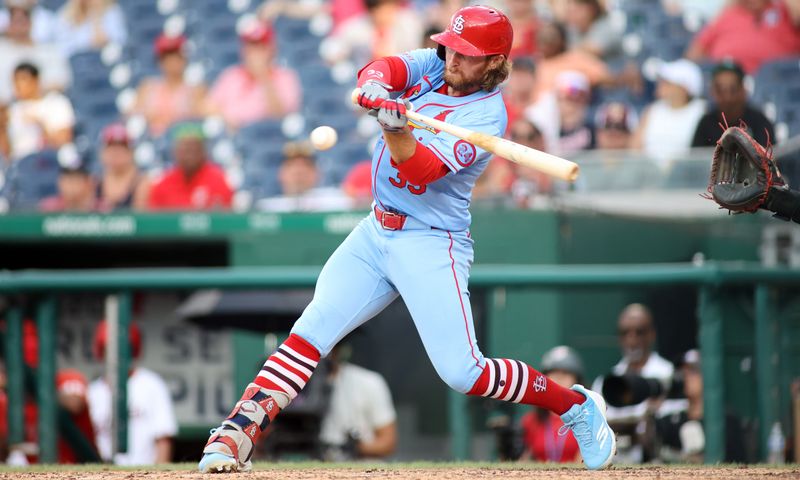 Jul 6, 2024; Washington, District of Columbia, USA; St. Louis Cardinals outfielder Brendan Donovan (33) flies out during the eighth inning against the Washington Nationals at Nationals Park. Mandatory Credit: Daniel Kucin Jr.-USA TODAY Sports
