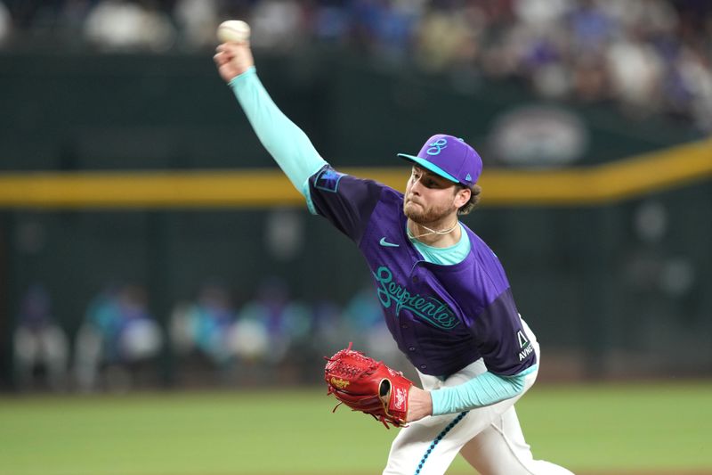 May 10, 2025; Phoenix, Arizona, USA; Arizona Diamondbacks pitcher Ryne Nelson (19) pitches against the Los Angeles Dodgers during the ninth inning at Chase Field. Mandatory Credit: Joe Camporeale-Imagn Images