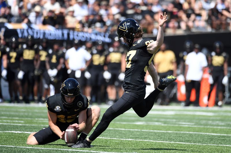 Sep 23, 2023; Nashville, Tennessee, USA; Vanderbilt Commodores place kicker Jacob Borcila (97) kicks a field goal against the Kentucky Wildcats during the first half at FirstBank Stadium. Mandatory Credit: Christopher Hanewinckel-USA TODAY Sports