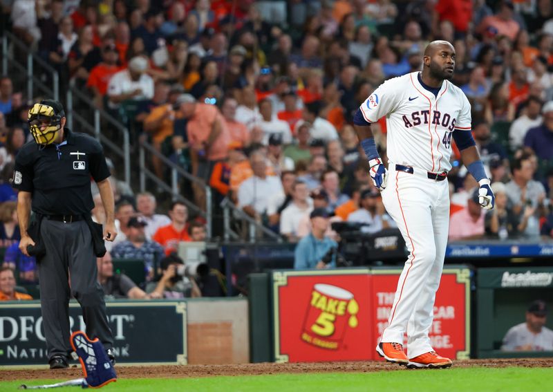 Aug 21, 2024; Houston, Texas, USA;  Houston Astros left fielder Yordan Alvarez (44) reacts after striking out against the Boston Red Sox with men is scoring position to end the seventh inning at Minute Maid Park. Mandatory Credit: Thomas Shea-USA TODAY Sports