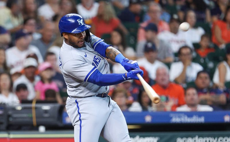 Sep 24, 2023; Houston, Texas, USA; Kansas City Royals right fielder Nelson Velazquez (17) hits a home run during the second inning against the Houston Astros at Minute Maid Park. Mandatory Credit: Troy Taormina-USA TODAY Sports