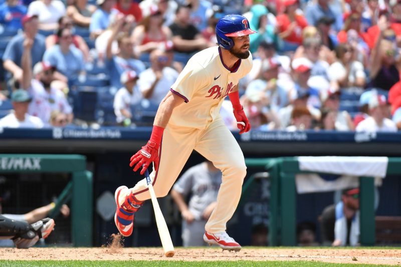 Jun 23, 2024; Philadelphia, Pennsylvania, USA; Philadelphia Phillies outfielder David Dahl (31) hits a two RB single during the sixth inning against the Arizona Diamondbacks at Citizens Bank Park. Mandatory Credit: Eric Hartline-USA TODAY Sports