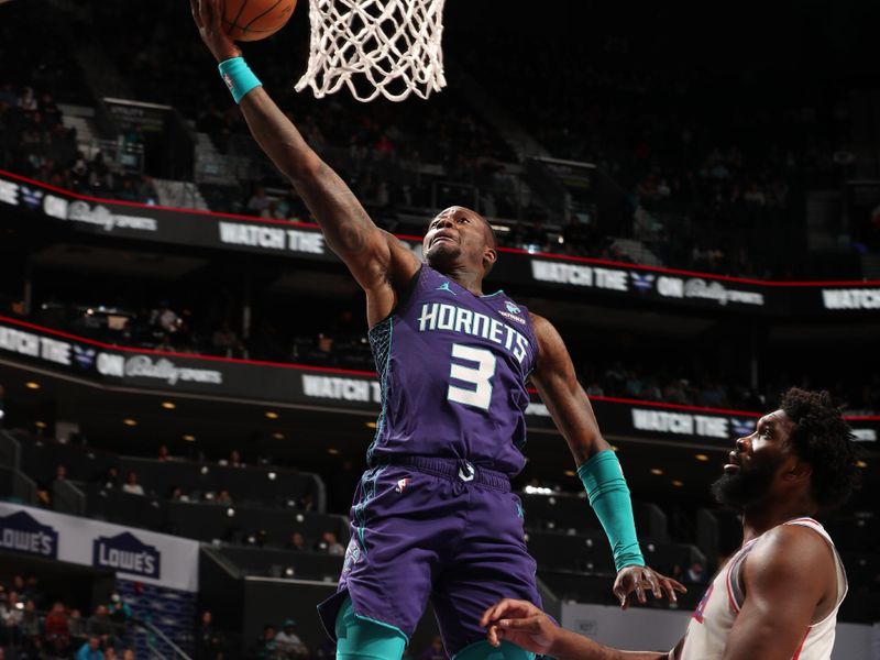 CHARLOTTE, NC - JANUARY 20: Terry Rozier #3 of the Charlotte Hornets drives to the basket during the game against the Philadelphia 76ers on January 20, 2024 at Spectrum Center in Charlotte, North Carolina. NOTE TO USER: User expressly acknowledges and agrees that, by downloading and or using this photograph, User is consenting to the terms and conditions of the Getty Images License Agreement. Mandatory Copyright Notice: Copyright 2024 NBAE (Photo by Kent Smith/NBAE via Getty Images)