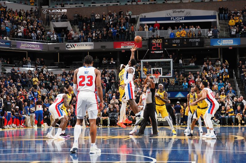 INDIANAPOLIS, IN - NOVEMBER 29:  Myles Turner #33 of the Indiana Pacers goes for the tipoff during the game against the Detroit Pistons during the Emirates NBA Cup game on November 29, 2024 at Gainbridge Fieldhouse in Indianapolis, Indiana. NOTE TO USER: User expressly acknowledges and agrees that, by downloading and or using this Photograph, user is consenting to the terms and conditions of the Getty Images License Agreement. Mandatory Copyright Notice: Copyright 2024 NBAE (Photo by Ron Hoskins/NBAE via Getty Images)