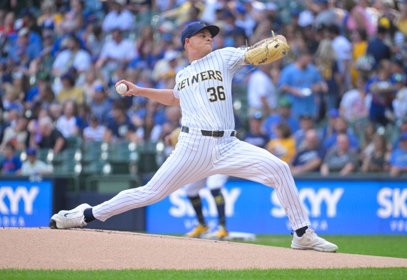 Jun 29, 2024; Milwaukee, Wisconsin, USA; Milwaukee Brewers pitcher Tobias Myers (36) delivers a pitch abasing the Chicago Cubs in the first inning at American Family Field. Mandatory Credit: Michael McLoone-USA TODAY Sports