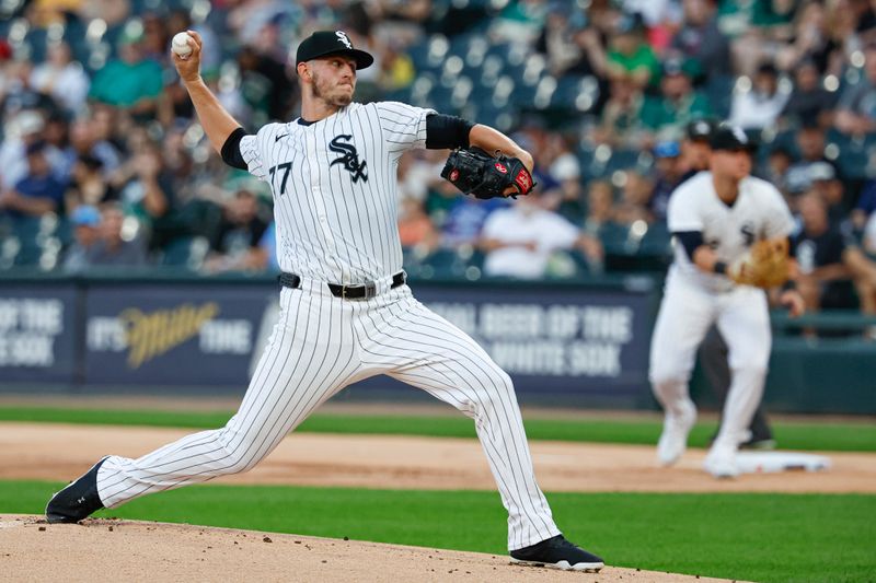 Sep 14, 2024; Chicago, Illinois, USA; Chicago White Sox starting pitcher Chris Flexen (77) delivers against the Oakland Athletics during the first inning at Guaranteed Rate Field. Mandatory Credit: Kamil Krzaczynski-Imagn Images