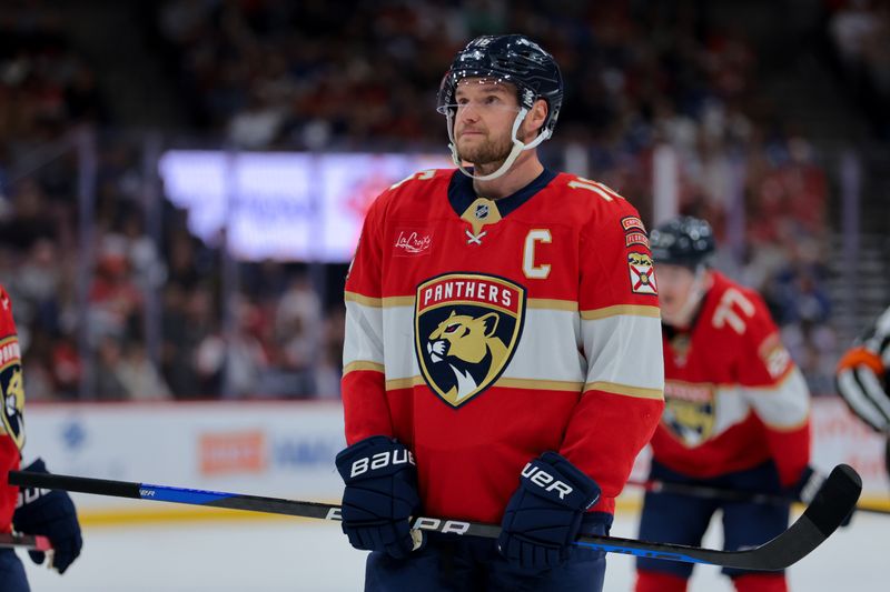 Nov 27, 2024; Sunrise, Florida, USA; Florida Panthers center Aleksander Barkov (16) looks on against the Toronto Maple Leafs during the first period at Amerant Bank Arena. Mandatory Credit: Sam Navarro-Imagn Images