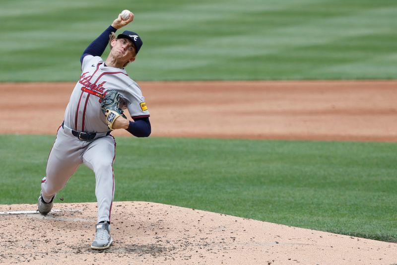 Jun 9, 2024; Washington, District of Columbia, USA; Atlanta Braves starting pitcher Hurston Waldrep (30) pitches during his MLB debut against the Washington Nationals during the third inning at Nationals Park. Mandatory Credit: Geoff Burke-USA TODAY Sports