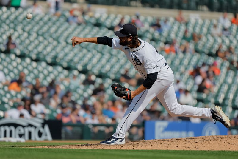 Sep 12, 2024; Detroit, Michigan, USA;  Detroit Tigers pitcher Jason Foley (68) pitches in the ninth inning against the Colorado Rockies at Comerica Park. Mandatory Credit: Rick Osentoski-Imagn Images