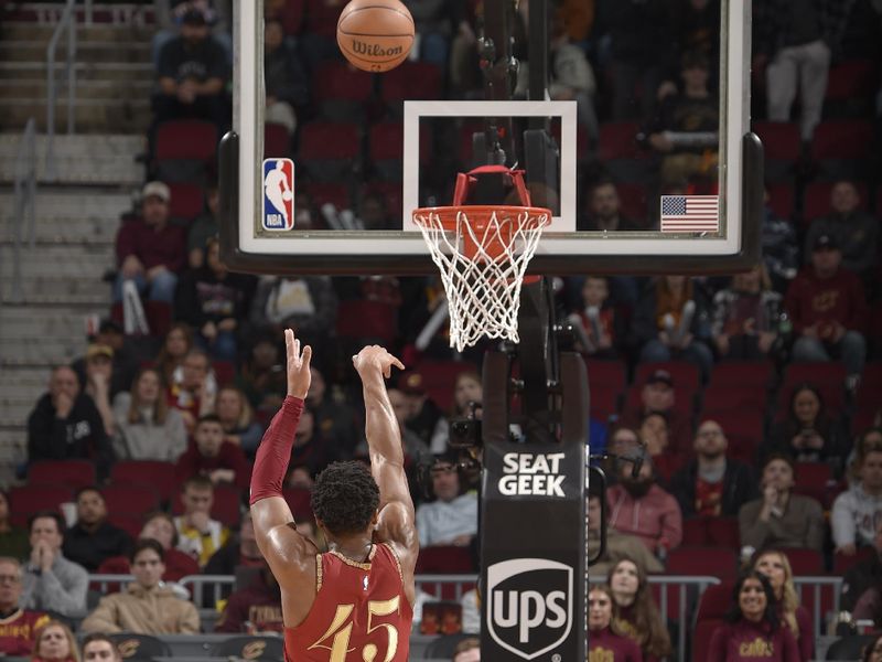 CLEVELAND, OH - FEBRUARY 12: Donovan Mitchell #45 of the Cleveland Cavaliers shoots a free throw during the game against the Philadelphia 76ers on February 12, 2024 at Rocket Mortgage FieldHouse in Cleveland, Ohio. NOTE TO USER: User expressly acknowledges and agrees that, by downloading and/or using this Photograph, user is consenting to the terms and conditions of the Getty Images License Agreement. Mandatory Copyright Notice: Copyright 2024 NBAE (Photo by David Liam Kyle/NBAE via Getty Images)