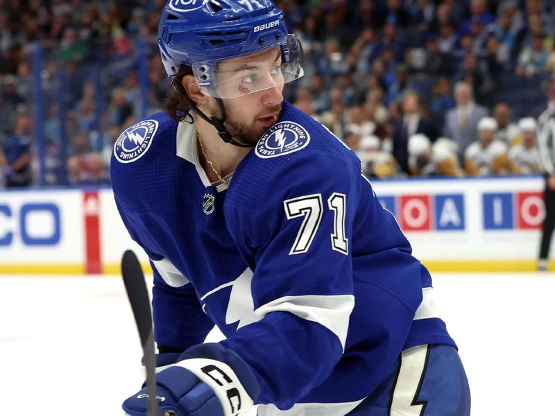 Dec 6, 2023; Tampa, Florida, USA; Tampa Bay Lightning center Anthony Cirelli (71) looks on against the Pittsburgh Penguins during the third period at Amalie Arena. Mandatory Credit: Kim Klement Neitzel-USA TODAY Sports