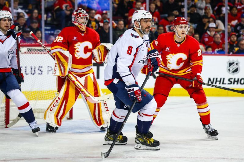 Jan 28, 2025; Calgary, Alberta, CAN; Washington Capitals left wing Alex Ovechkin (8) skates against the Calgary Flames during the third period at Scotiabank Saddledome. Mandatory Credit: Sergei Belski-Imagn Images