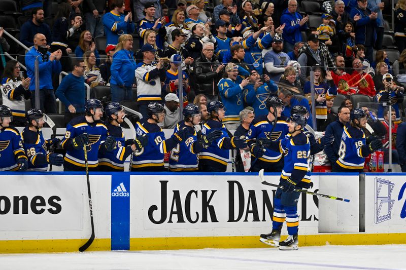 Apr 10, 2024; St. Louis, Missouri, USA;  St. Louis Blues center Jordan Kyrou (25) is congratulated by teammates after scoring his second goal of the game against the Chicago Blackhawks during the first period at Enterprise Center. Mandatory Credit: Jeff Curry-USA TODAY Sports