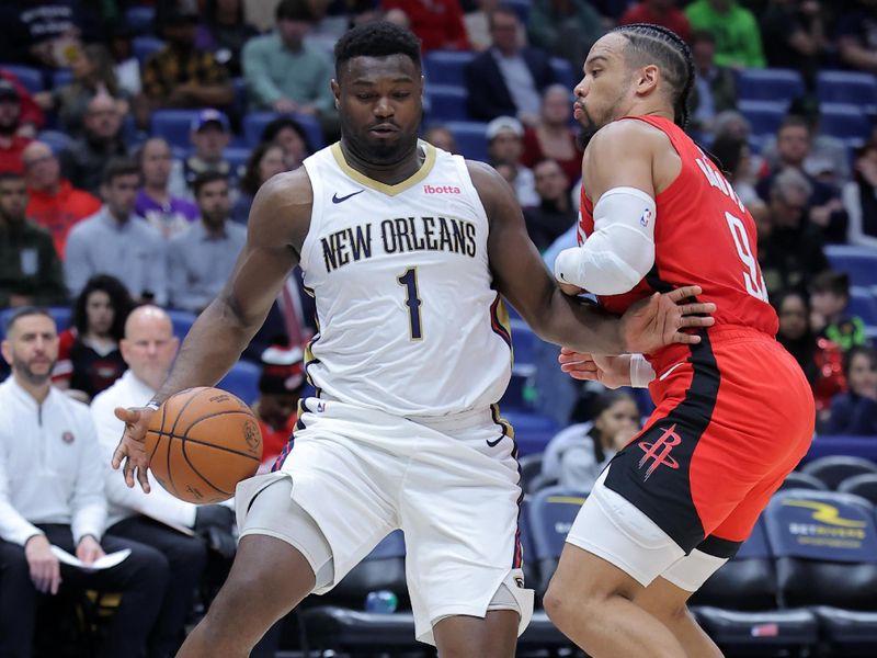 NEW ORLEANS, LOUISIANA - FEBRUARY 22: Zion Williamson #1 of the New Orleans Pelicans drives against Dillon Brooks #9 of the Houston Rockets during the second half at the Smoothie King Center on February 22, 2024 in New Orleans, Louisiana. NOTE TO USER: User expressly acknowledges and agrees that, by downloading and or using this Photograph, user is consenting to the terms and conditions of the Getty Images License Agreement. (Photo by Jonathan Bachman/Getty Images)