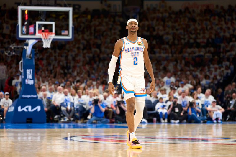 OKLAHOMA CITY, OKLAHOMA - APRIL 21: Shai Gilgeous-Alexander #2 of the Oklahoma City Thunder reacts after a play against the New Orleans Pelicans in game one of the Western Conference First Round Playoffs at the Paycom Center on April 21, 2024 in Oklahoma City, Oklahoma. NOTE TO USER: User expressly acknowledges and agrees that, by downloading and or using this photograph, User is consenting to the terms and conditions of the Getty Images License Agreement.  (Photo by Cooper Neill/Getty Images)