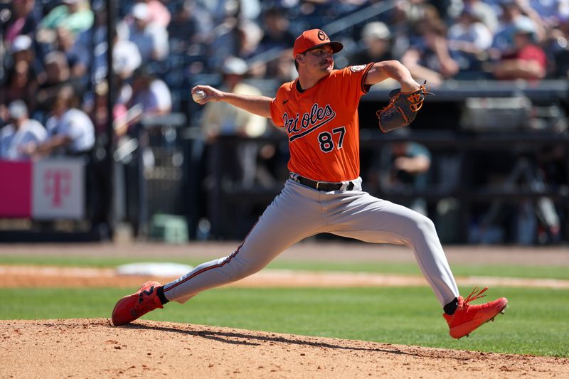 Mar 11, 2025; Tampa, Florida, USA; Baltimore Orioles pitcher Zach Fruit (87) throws a pitch against the New York Yankees in the seventh inning during spring training at George M. Steinbrenner Field. Mandatory Credit: Nathan Ray Seebeck-Imagn Images