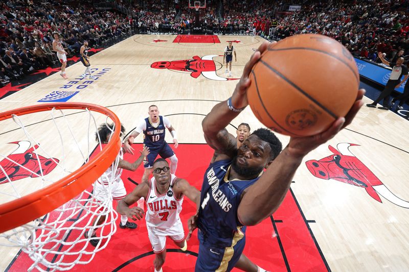 CHICAGO, IL - JANUARY 14: Zion Williamson #1 of the New Orleans Pelicans dunks the ball during the game against the Chicago Bulls on January 14, 2025 at United Center in Chicago, Illinois. NOTE TO USER: User expressly acknowledges and agrees that, by downloading and or using this photograph, User is consenting to the terms and conditions of the Getty Images License Agreement. Mandatory Copyright Notice: Copyright 2025 NBAE (Photo by Jeff Haynes/NBAE via Getty Images)