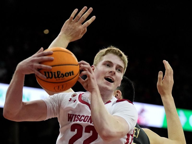 Mar. 2, 2023; Milwaukee, Wisconsin, USA; Wisconsin Badgers forward Chris Hodges (21) out rebounds Purdue Boilermakers center Zach Edey (15) during the first half of their game at Kohl Center. Mandatory Credit: Mark Hoffman-USA TODAY Sports