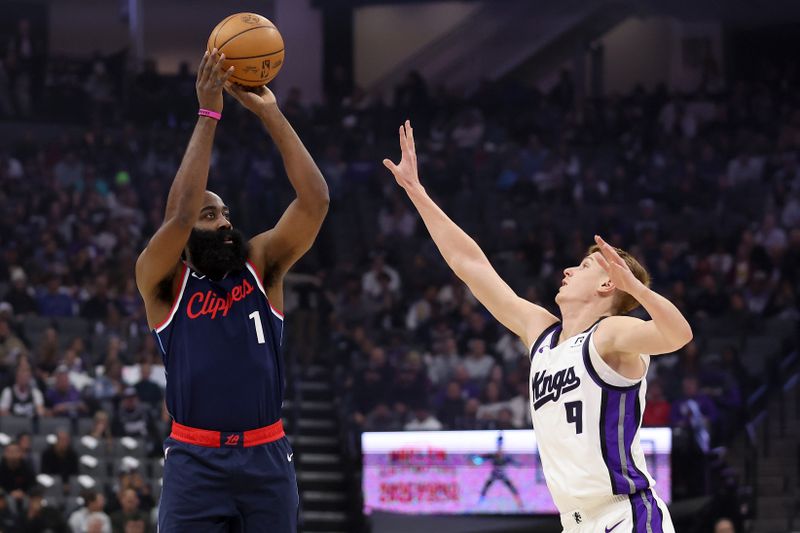 SACRAMENTO, CALIFORNIA - NOVEMBER 08: James Harden #1 of the LA Clippers shoots over Kevin Huerter #9 of the Sacramento Kings in the first half at Golden 1 Center on November 08, 2024 in Sacramento, California. NOTE TO USER: User expressly acknowledges and agrees that, by downloading and/or using this photograph, user is consenting to the terms and conditions of the Getty Images License Agreement.  (Photo by Ezra Shaw/Getty Images)