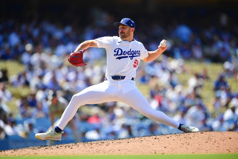 Jul 25, 2024; Los Angeles, California, USA; Los Angeles Dodgers pitcher Alex Vesia (51) throws against the San Francisco Giants during the eighth inning at Dodger Stadium. Mandatory Credit: Gary A. Vasquez-USA TODAY Sports