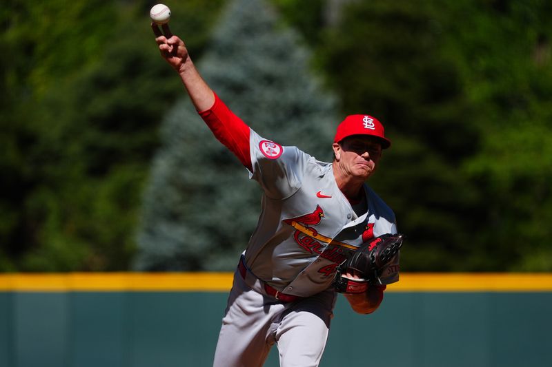 Sep 26, 2024; Denver, Colorado, USA; St. Louis Cardinals starting pitcher Kyle Gibson (44) delivers a pitch in the first inning against the Colorado Rockies at Coors Field. Mandatory Credit: Ron Chenoy-Imagn Images