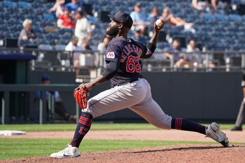 Sep 18, 2023; Kansas City, Missouri, USA; Cleveland Guardians relief pitcher Enyel De Los Santos (62) delivers a pitch against the Kansas City Royals in the eighth inning at Kauffman Stadium. Mandatory Credit: Denny Medley-USA TODAY Sports