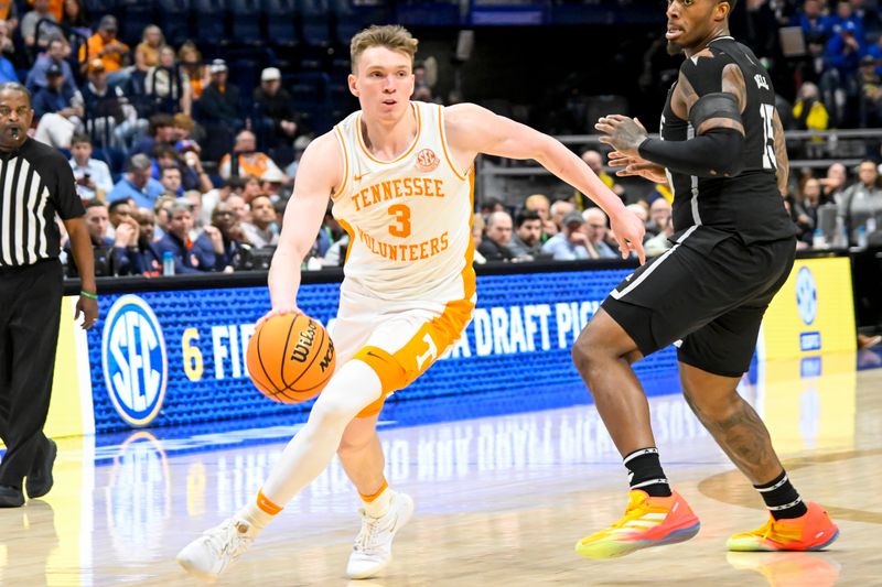 Mar 15, 2024; Nashville, TN, USA; Tennessee Volunteers guard Dalton Knecht (3) dribbles against the Mississippi State Bulldogs during the second half at Bridgestone Arena. Mandatory Credit: Steve Roberts-USA TODAY Sports