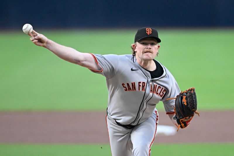 Apr 29, 2025; San Diego, California, USA; San Francisco Giants starting pitcher Logan Webb (62) delivers during the first inning against the San Diego Padres at Petco Park. Mandatory Credit: Denis Poroy-Imagn Images