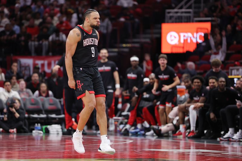 HOUSTON, TEXAS - NOVEMBER 22: Dillon Brooks #9 of the Houston Rockets celebrates a three-point basket against the Portland Trail Blazers during the second half in the NBA Emirates Cup at Toyota Center on November 22, 2024 in Houston, Texas.  NOTE TO USER: User expressly acknowledges and agrees that, by downloading and or using this photograph, User is consenting to the terms and conditions of the Getty Images License Agreement. (Photo by Alex Slitz/Getty Images)