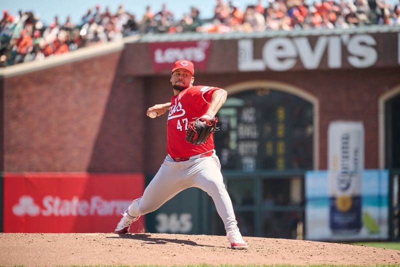 May 12, 2024; San Francisco, California, USA; Cincinnati Reds starting pitcher Frankie Montas (47) throws a pitch against the San Francisco Giants during the third inning at Oracle Park. Mandatory Credit: Robert Edwards-USA TODAY Sports