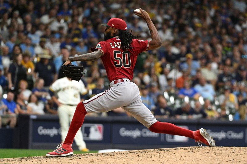 Oct 3, 2023; Milwaukee, Wisconsin, USA; Arizona Diamondbacks relief pitcher Miguel Castro (50) pitches in the fourth inning against the Milwaukee Brewers during game one of the Wildcard series for the 2023 MLB playoffs at American Family Field. Mandatory Credit: Michael McLoone-USA TODAY Sports