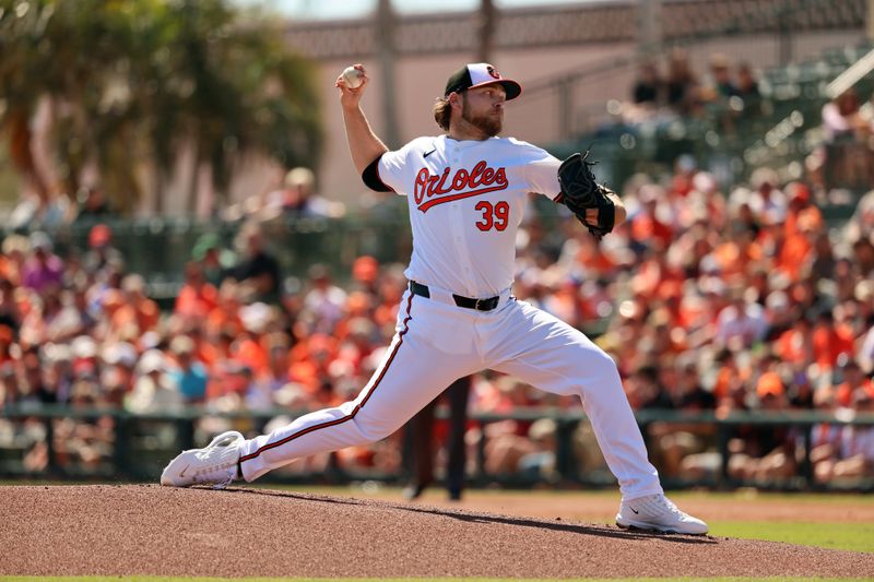 Feb 24, 2024; Sarasota, Florida, USA; Baltimore Orioles starting pitcher Corbin Burnes (39) throws a pitch during the first inning against the Boston Red Sox  at Ed Smith Stadium. Mandatory Credit: Kim Klement Neitzel-USA TODAY Sports