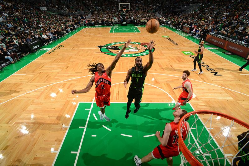 BOSTON, MA - NOVEMBER 16: Jaylen Brown #7 of the Boston Celtics shoots the ball during the game against the Toronto Raptors on November 16, 2024 at TD Garden in Boston, Massachusetts. NOTE TO USER: User expressly acknowledges and agrees that, by downloading and/or using this Photograph, user is consenting to the terms and conditions of the Getty Images License Agreement. Mandatory Copyright Notice: Copyright 2024 NBAE (Photo by Brian Babineau/NBAE via Getty Images)