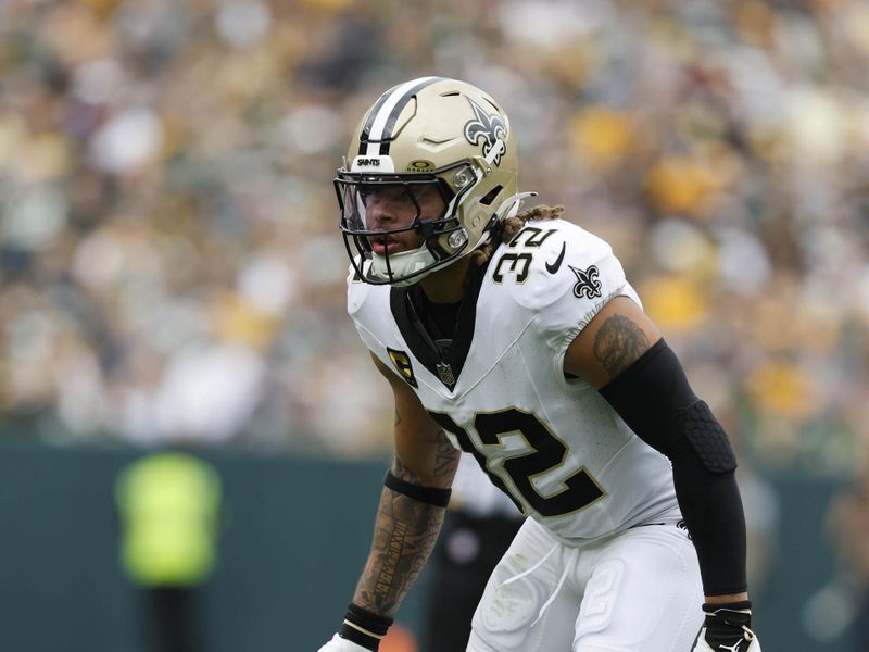 New Orleans Saints safety Tyrann Mathieu (32) during a NFL football game against the Green Bay Packers Sunday, Sept. 24, 2023, in Green Bay, Wis. (AP Photo/Jeffrey Phelps)