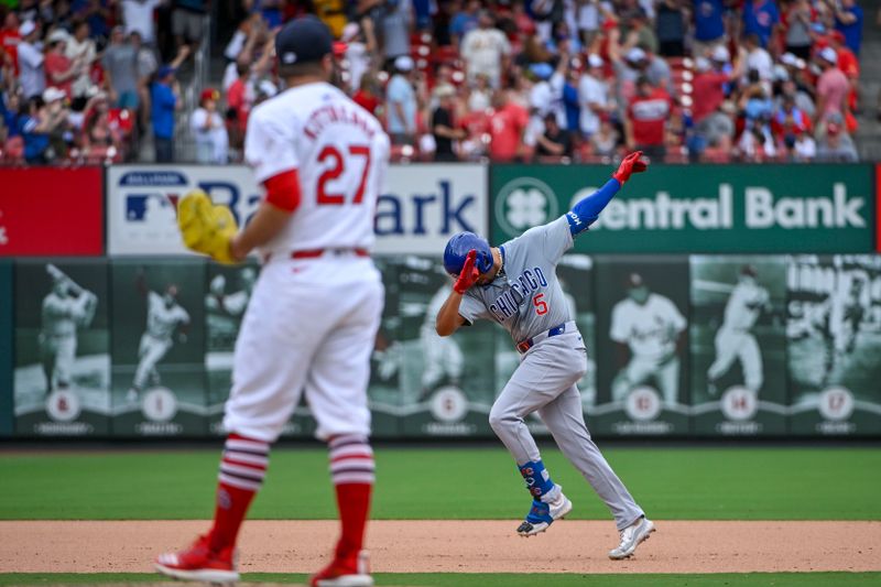 Jul 14, 2024; St. Louis, Missouri, USA;  Chicago Cubs designated hitter Christopher Morel (5) reacts as he runs the bases after hitting a solo home run off of St. Louis Cardinals relief pitcher Andrew Kittredge (27) during the eighth inning at Busch Stadium. Mandatory Credit: Jeff Curry-USA TODAY Sports