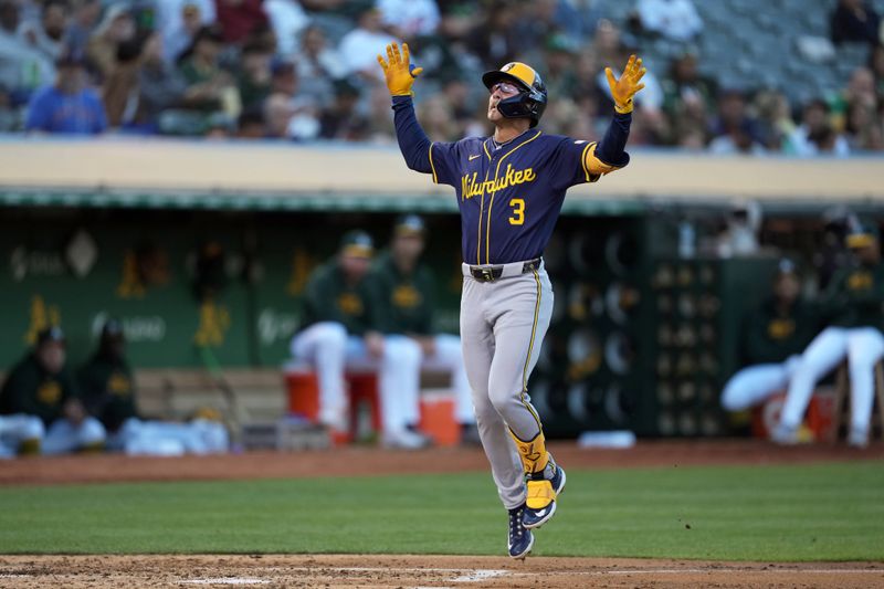 Aug 23, 2024; Oakland, California, USA; Milwaukee Brewers third baseman Joey Ortiz (3) celebrates after hitting a home run against the Oakland Athletics during the second inning at Oakland-Alameda County Coliseum. Mandatory Credit: Darren Yamashita-USA TODAY Sports