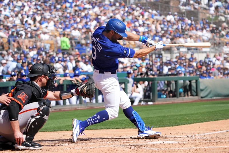 Mar 1, 2025; Phoenix, Arizona, USA; Los Angeles Dodgers outfielder Chris Taylor (3) bats against the San Francisco Giants during the third inning at Camelback Ranch-Glendale. Mandatory Credit: Joe Camporeale-Imagn Images