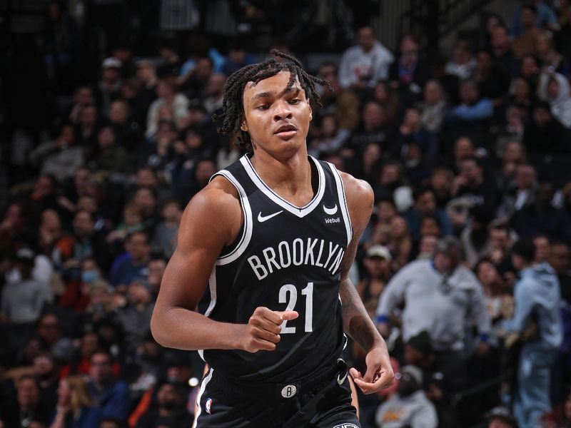 BROOKLYN, NY - FEBRUARY 10: Noah Clowney #21 of the Brooklyn Nets looks on during the game against the San Antonio Spurs on February 10, 2024 at Barclays Center in Brooklyn, New York. NOTE TO USER: User expressly acknowledges and agrees that, by downloading and or using this Photograph, user is consenting to the terms and conditions of the Getty Images License Agreement. Mandatory Copyright Notice: Copyright 2024 NBAE (Photo by Nathaniel S. Butler/NBAE via Getty Images)