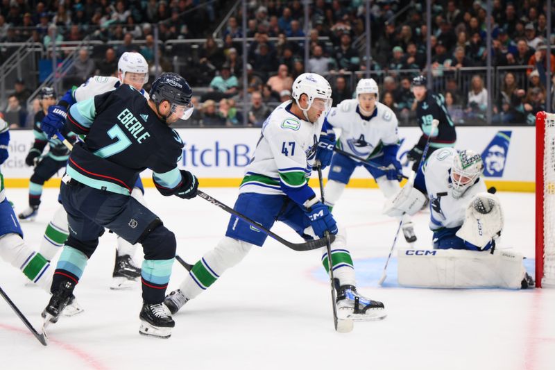 Feb 22, 2024; Seattle, Washington, USA; Seattle Kraken right wing Jordan Eberle (7) scores a goal against Vancouver Canucks goaltender Thatcher Demko (35) during the second period at Climate Pledge Arena. Mandatory Credit: Steven Bisig-USA TODAY Sports